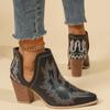 Verfügbare Größen Schwarz Retro Bestickte High Heel Spitzschuh Damen Kurze Stiefel, Lässig Vielseitig Britischer Stil Klobiger Absatz Western Cowboy Stiefel