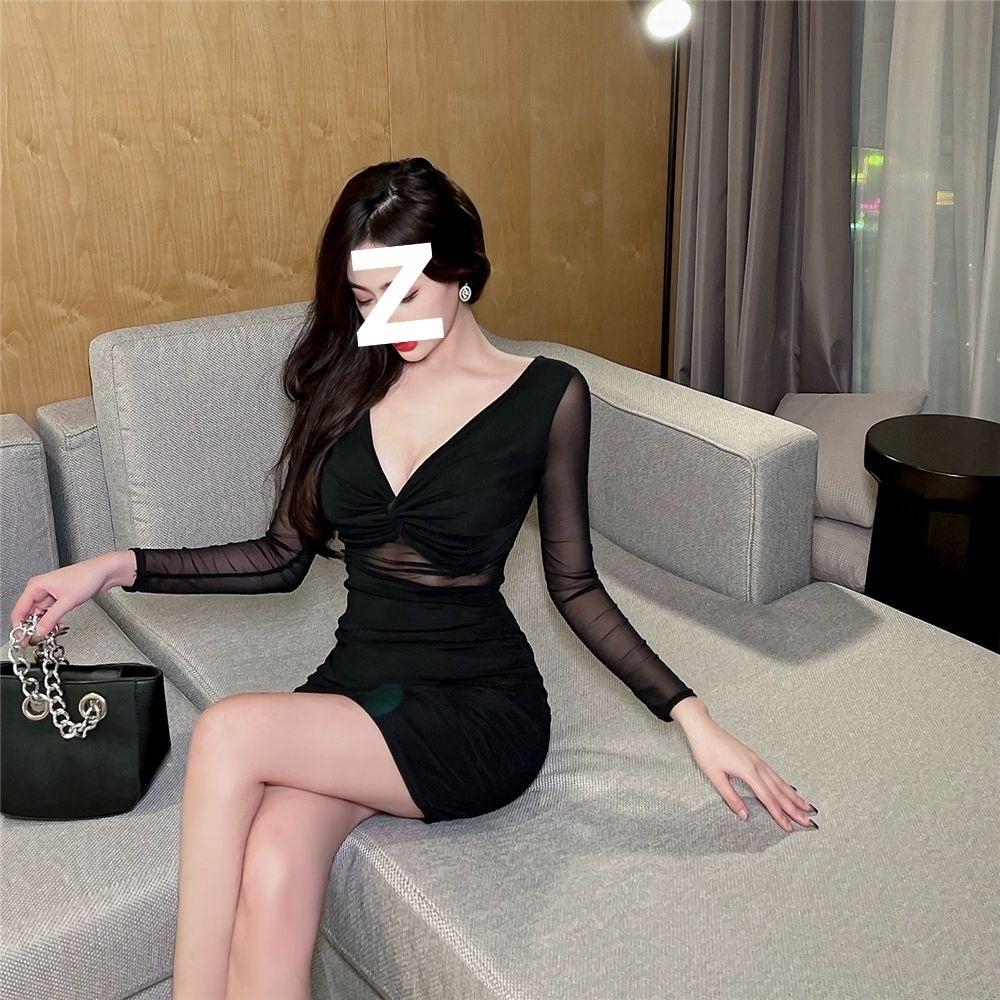 Spice Girl Mesh Long Sleeve Women's Dress New Skinny Black Bottom Dress Sexy Night Work Clothes Autumn Dress