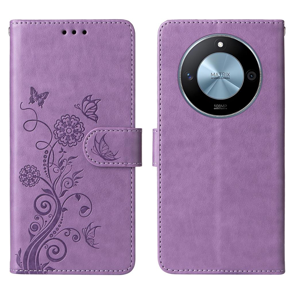 For Honor X60 5G Leather Case Butterfly Floral Imprint Wallet Stand Cover
