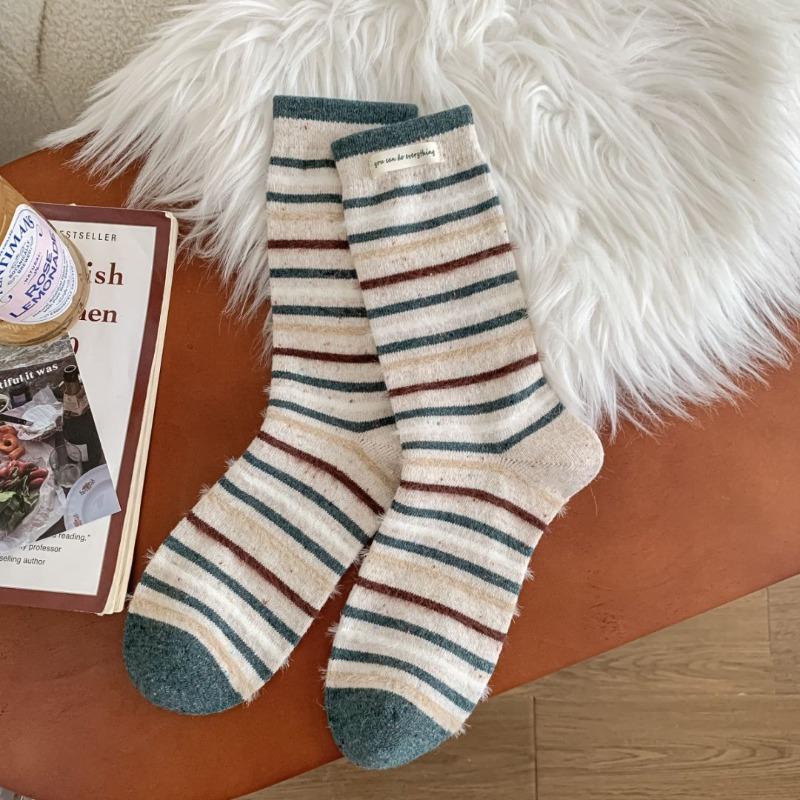 Wool Patterned Yarn Striped Mid-calf Socks, Winter and Autumn Thick and Warm Wool Socks, Pile Socks