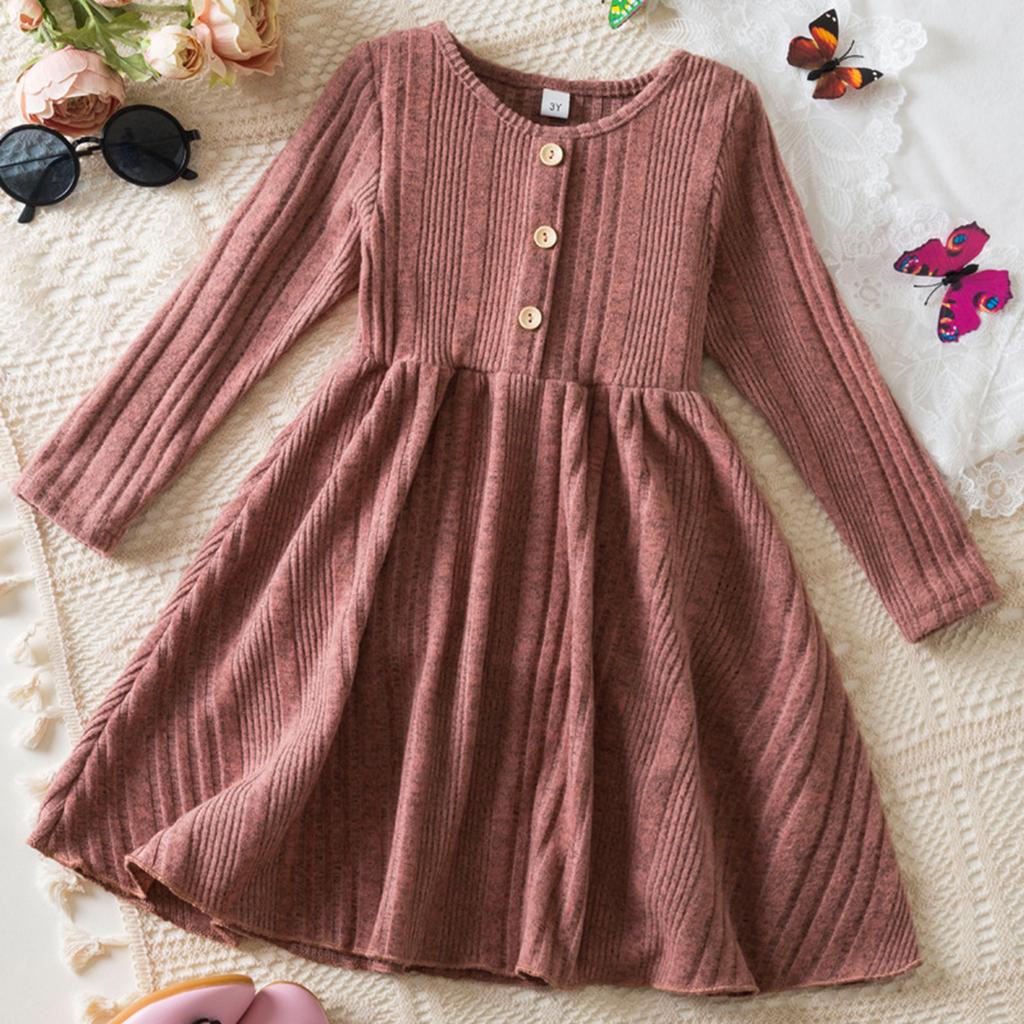 Girls Fashion Cute Long Sleeve Princess Dress Solid Color Casual Dresses