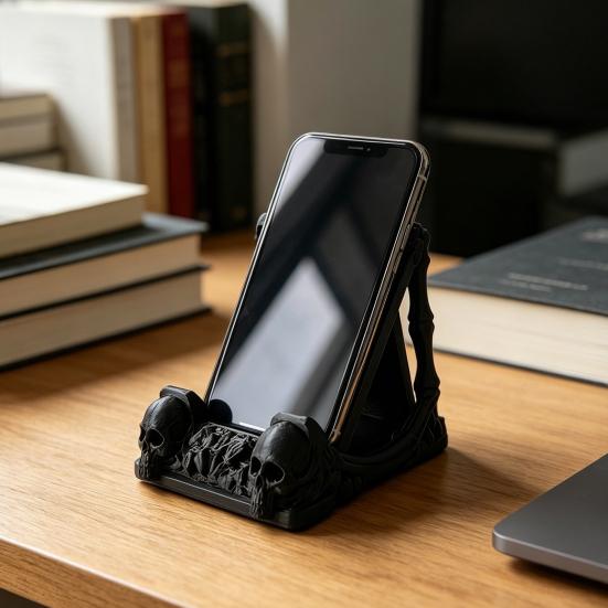 Soporte para Teléfono Calavera Gótica, Impresión 3D Forma de Esqueleto Negro Mate, Soporte Estable para Teléfono Móvil como Accesorio de Escritorio