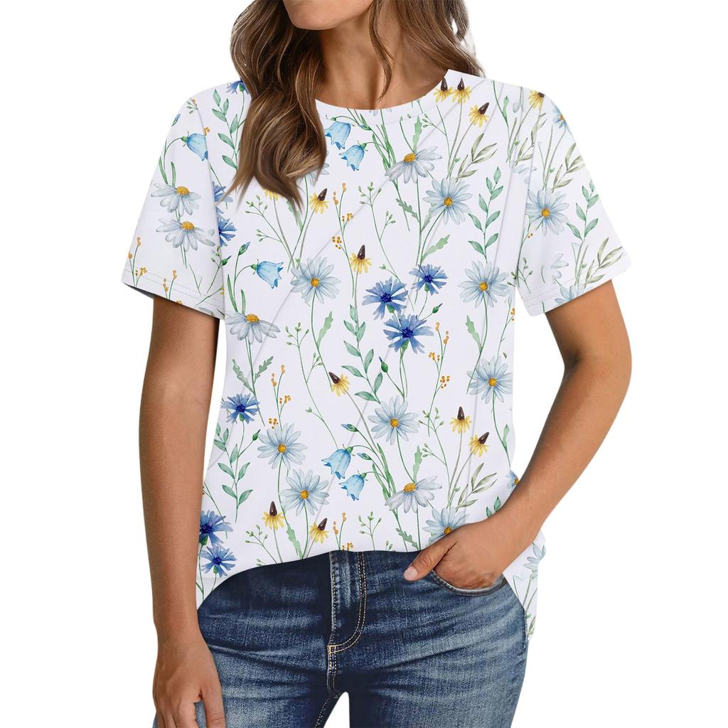 Women's Fashion Casual Floral Print Pullover Short Sleeve Top