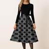 Women’s Casual Vintage Crew Neck Polka Dot Printed Long Sleeve A-Line Dress with Waist Ribbon for Everyday Wear