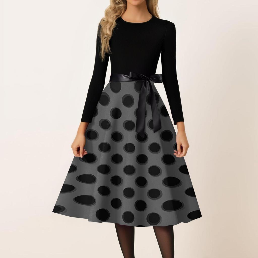 Women’s Casual Vintage Crew Neck Polka Dot Printed Long Sleeve A-Line Dress with Waist Ribbon for Everyday Wear