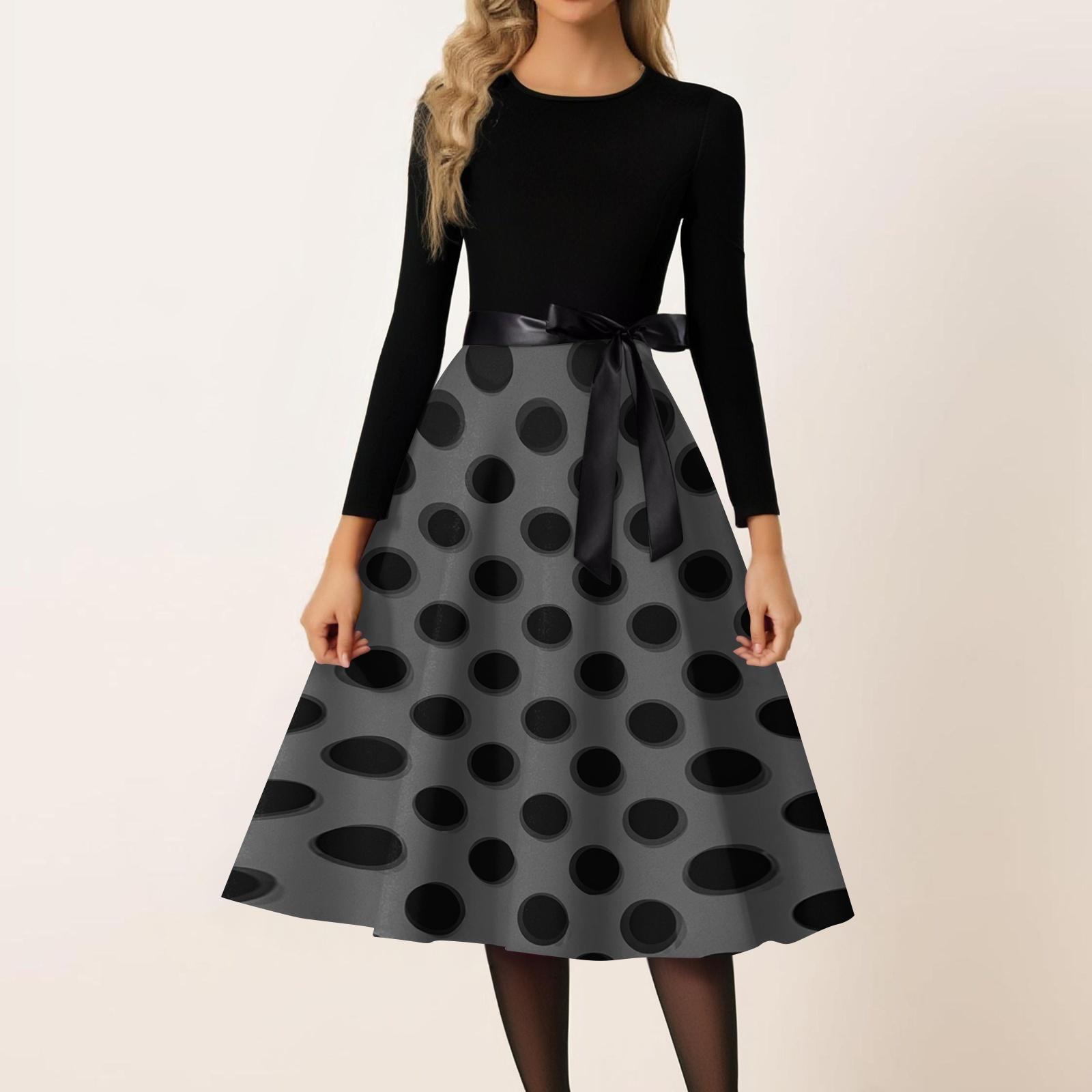 Women s Casual Vintage Polka Dot Print Dress Long Sleeve Round Neck Retro Style Midi Dress with Waist Tie Belt S чёрный