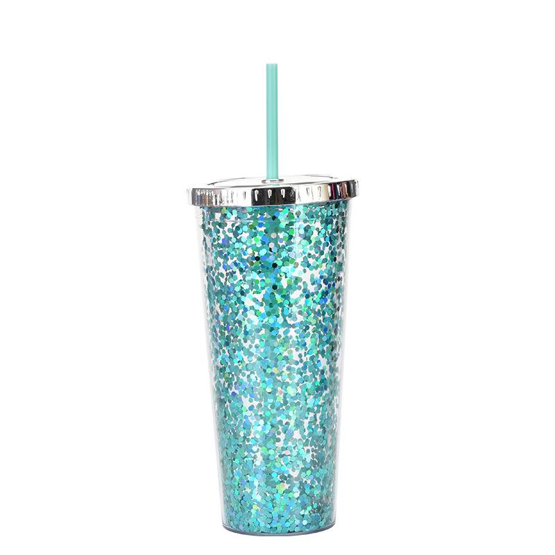 Taza de Plástico de Doble Capa de 24 oz con Purpurina Botella de Agua Portátil con Pajita Vasos Reutilizables de Plástico con Tapas Taza para Bebidas de Fiesta