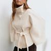 Women's Autumn/Winter Stand-up Collar Solid Color Cloak Coat with Buttoned Waist Belt