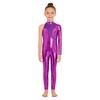 Girls Stage Performance Jumpsuit: Asymmetrical Metallic Mock Neck Mesh Patchwork Back Invisible Zipper Bodysuit Dancewear
