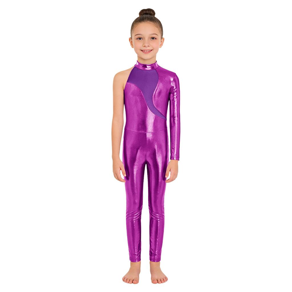 Girls Stage Performance Jumpsuit: Asymmetrical Metallic Mock Neck Mesh Patchwork Back Invisible Zipper Bodysuit Dancewear