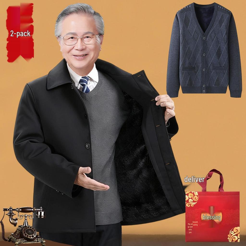 Elderly Men's Winter Fleece-Lined Cotton Jacket, Short Style for Ages 50-70