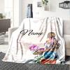 Spring Girl With Flowers Customize Your Name Blankets Comfortable Soft Lightweight Allseason Multipurpose Blanket For Picnics Sofas Offices Beds