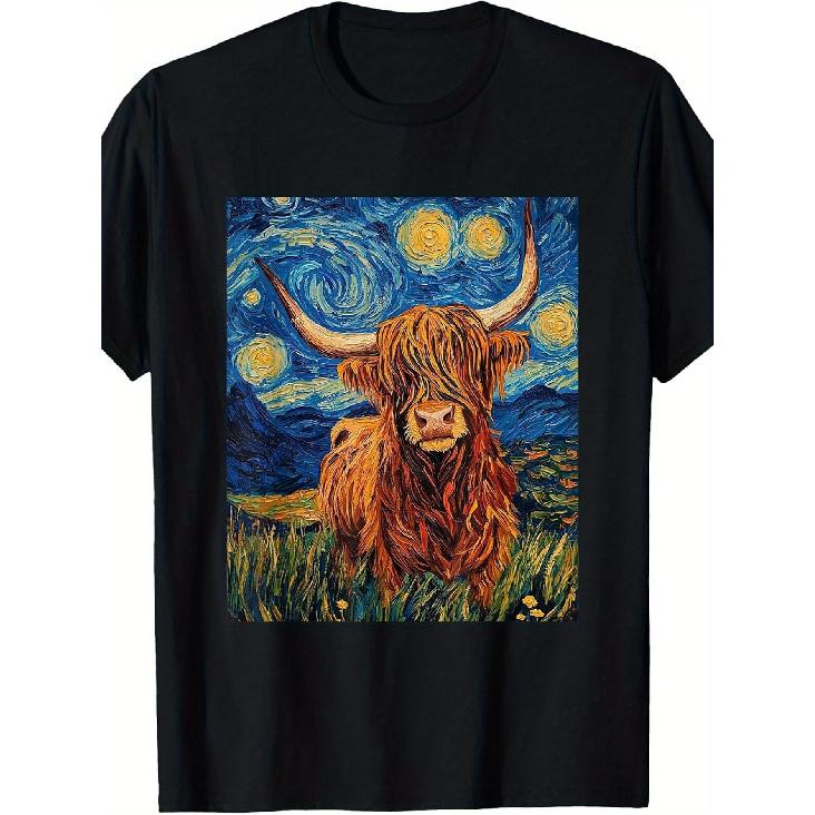 Men s Van Gogh Starry Night & Highland Cow T-Shirt - Scottish Cow Art Print, Soft Breathable Short Sleeve Tee, Machine Washable Retro Gift for S чёрный