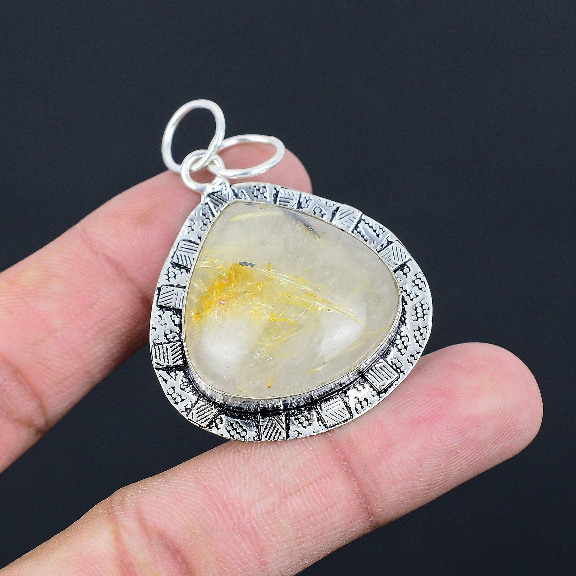 

Daughters Day Deal Golden Rutile Gemstone 925 Sterling Silver Engagement Pendant