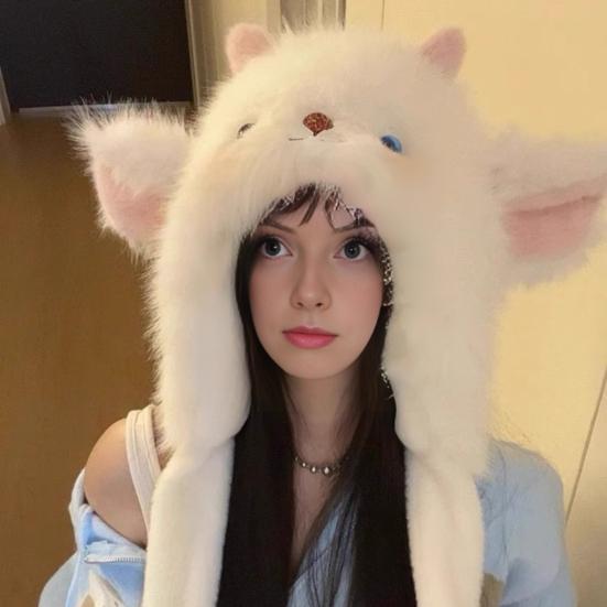 Women Hat Fox Ear Shape Thickened Plush Warm Winter Hat with Scarf Design Outdoor Activities Warm Headwear