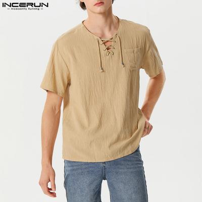 Vintage Mens Summer Short Sleeve Lace Up Neck Solid Color Casual T-shirts Tops