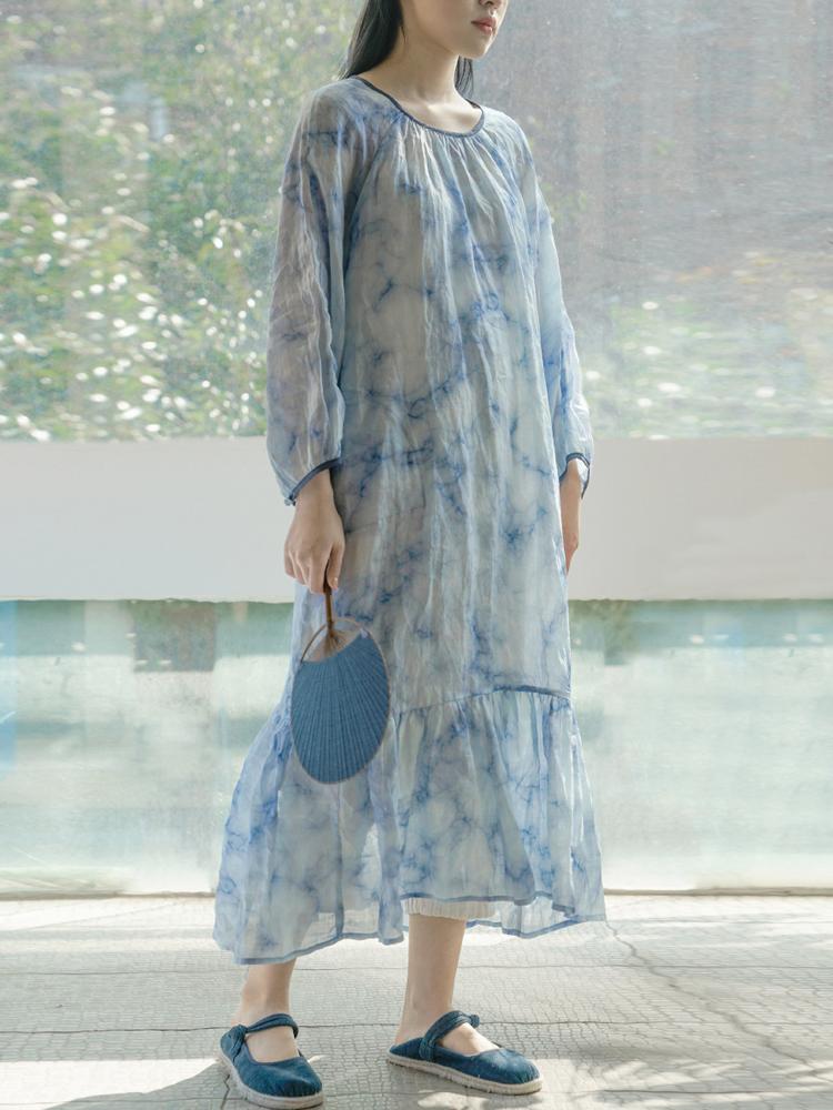 Johnature Women Tie Dye Vintage Dresses Long Sleeve Robes Autumn Ramie Loose Linen Female Mermaid Dress