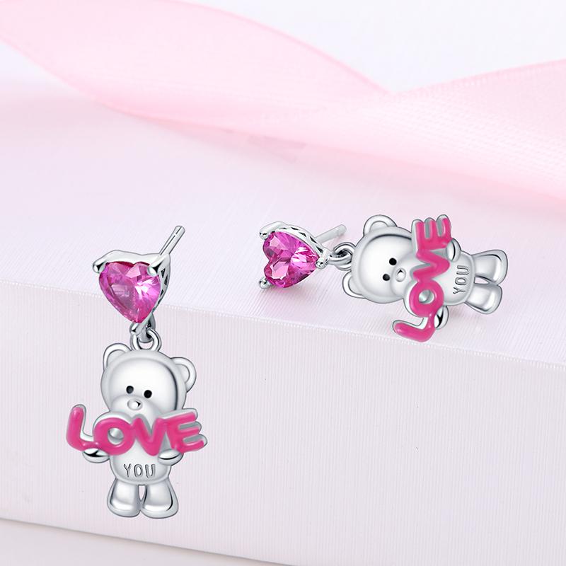 Women's 925 Silver Teddy Bear Rabbit Donut Pink Theme Sweet Romantic Priginal Design Earrings Engagement Party Exquisite Jewelry