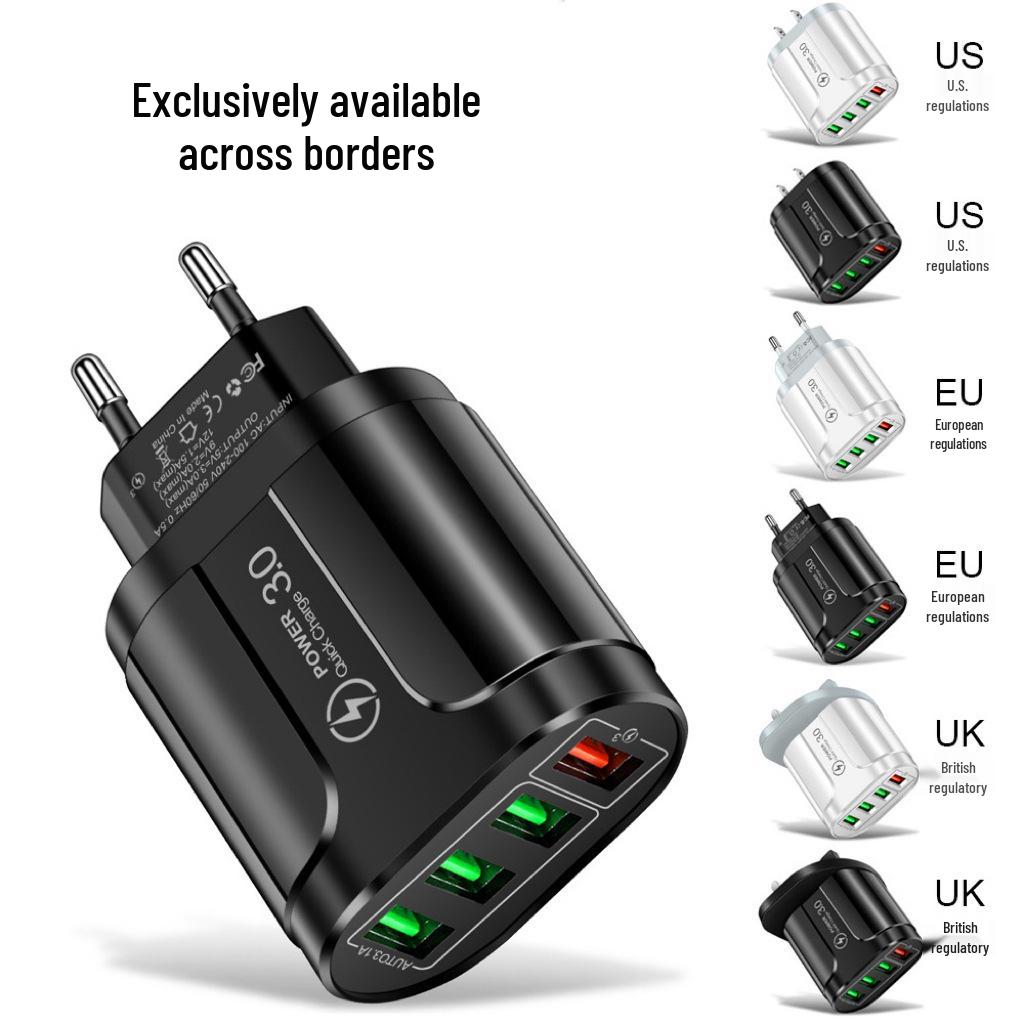 

European QC3.0 Dual USB & 3USB Fast Charger Adapter, Multi-Port UK Standard Charging Head. White fast charge head [US standard]