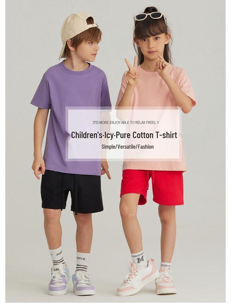 LVLV Kids' Ice Cool Combed Cotton Crew Neck T-Shirt, Short Sleeve, Parent-Child Design with Printed Logo for Boys and Girls.