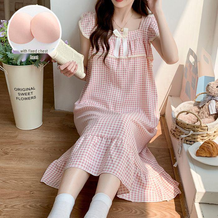 Women's Summer Woven Cotton Camisole Nightgown with Built-in Bra - Princess Style Loungewear & Outdoor Mid-Length Skirt