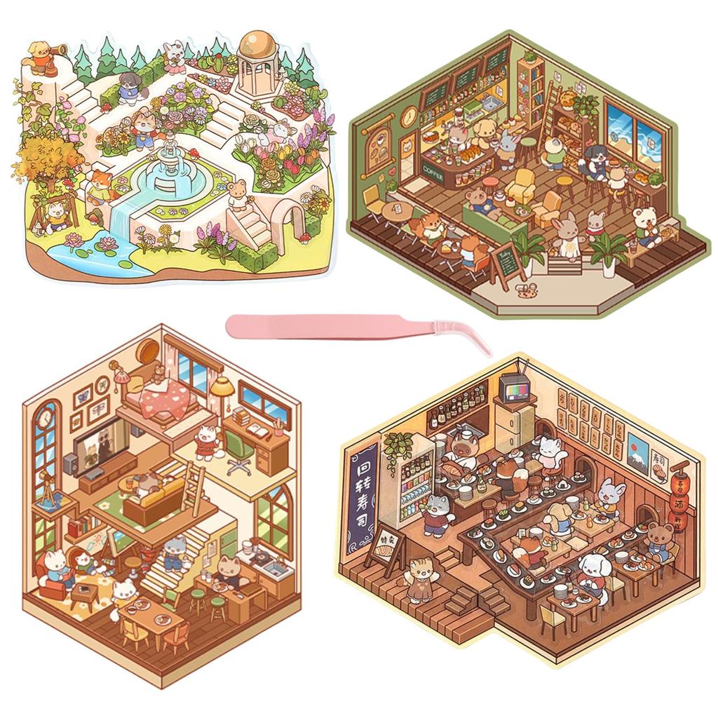 3D House Sticker Set of DIY Collage Scenery Landscaping Paper Miniature Paper 3D Korean Style Decorative Planner Stress Includes Tweezers Forest Hotel