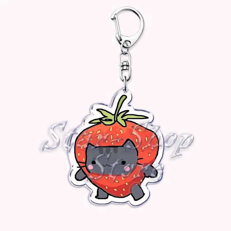 Kawaii Little Cat with Flower Keychains Strawberry Kitten Keyring for Accessories Bag Key Chain Ring Jewelry Fans Friends Gifts