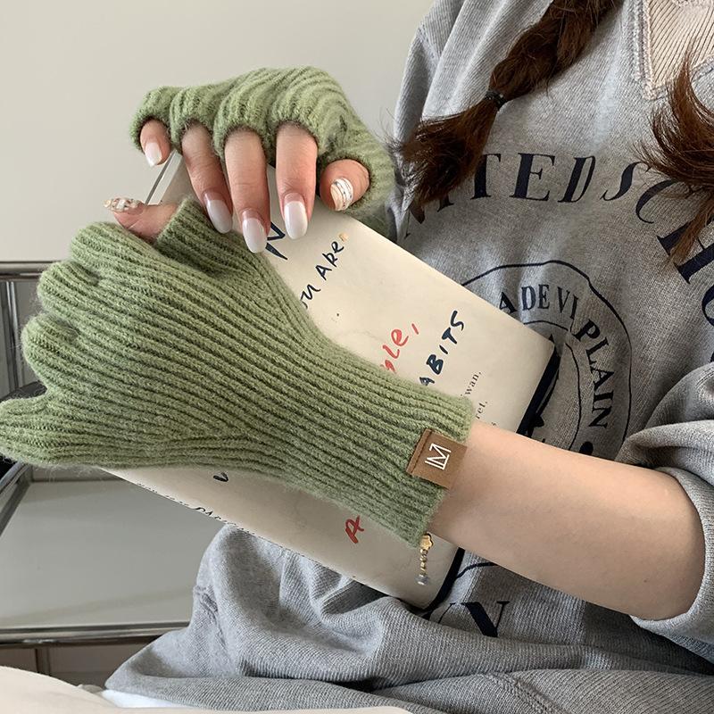 New Fashionable Simple Solid Color Half Finger Gloves Minimalist Touch Screen Knitted Gloves Autumn and Winter Palm Warm Gloves