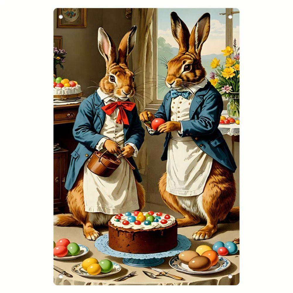 Tin Sign Retro Easter Rabbit Floral Wall Art Home Holiday Decor Metal Poster