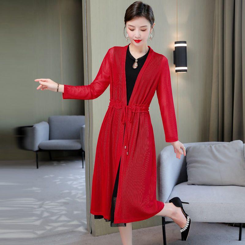 Summer Long Over The Knee Cardigan Women's Plus Size Long Sleeved Solid Color Sunscreen Jacket Slim Lace Waistband Cardigan