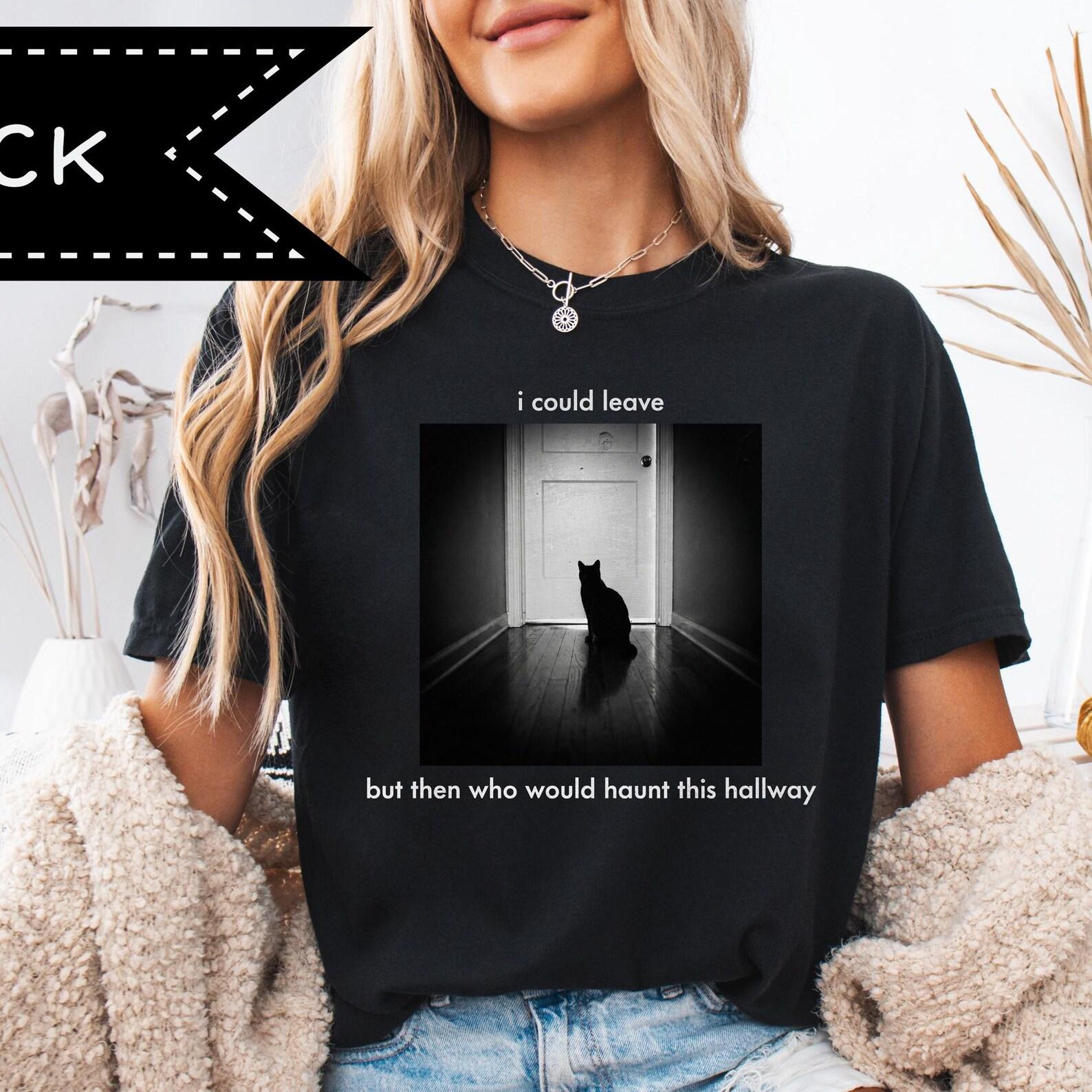 Comfort Colors® Cat Shirt, Haunting Hallway Graphic Tee, Gothic Humor Black Cat Shirt M