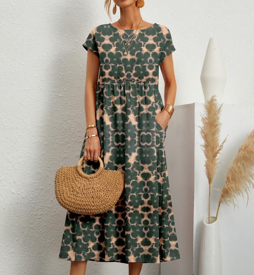 Damenkleid Rundhalsausschnitt Bedruckt Kurzärmelig A-Linie Maxi-Rock Einzigartige Blumenmuster Lange Kleider