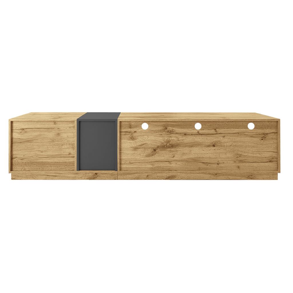 A modern TV stand in contrasting colors. With a simple, high-contrast design. With open compartments and cable openings. 200 cm