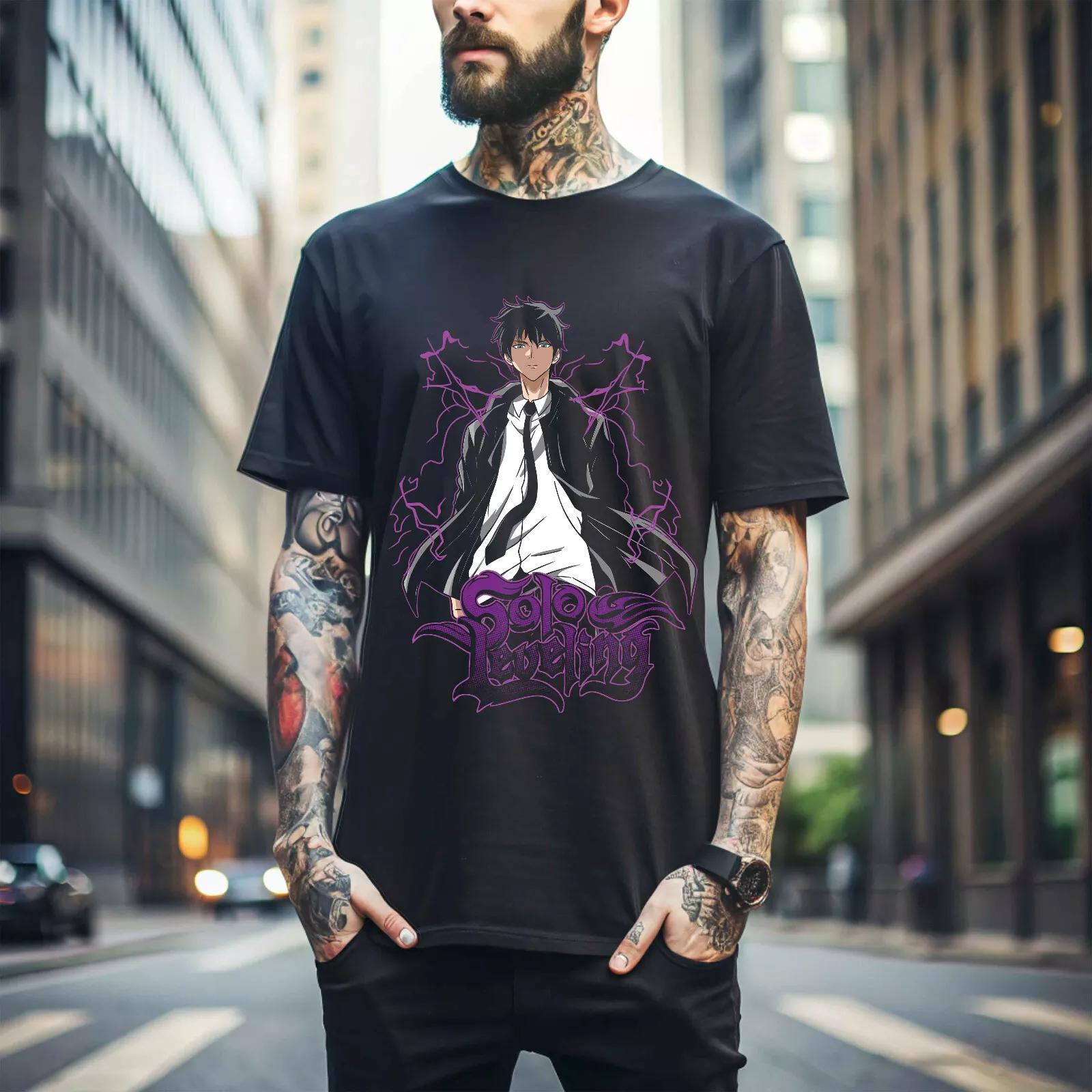 

100% cotton TOPS UNISEX TEES MENS WOMENS Solo Leveling T-Shirt Sung Jinwoo Horror Anime Manga Black Gifts Shirt 367 S чёрный