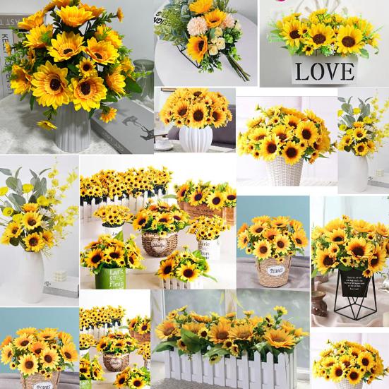 Artificial Sunflower with Green Leaves 7 Fork 13 Head Realistic Fake Silk Flower Home Office Party Indoor Outdoor Faux Bloom Decoration