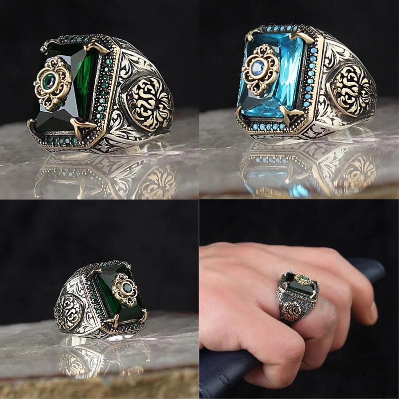 Bagues de style ethnique rétro Huajie avec zircon bleu marine pour hommes et femmes Number 7 noir