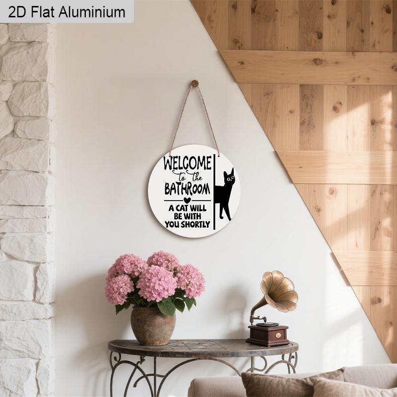 2D Flat Aluminium Bathroom Welcome Sign with Black Cat Pattern - Funny Decorative Sign & Plaque - Ideal for Bathroom Wall Decoration - Home Hanging