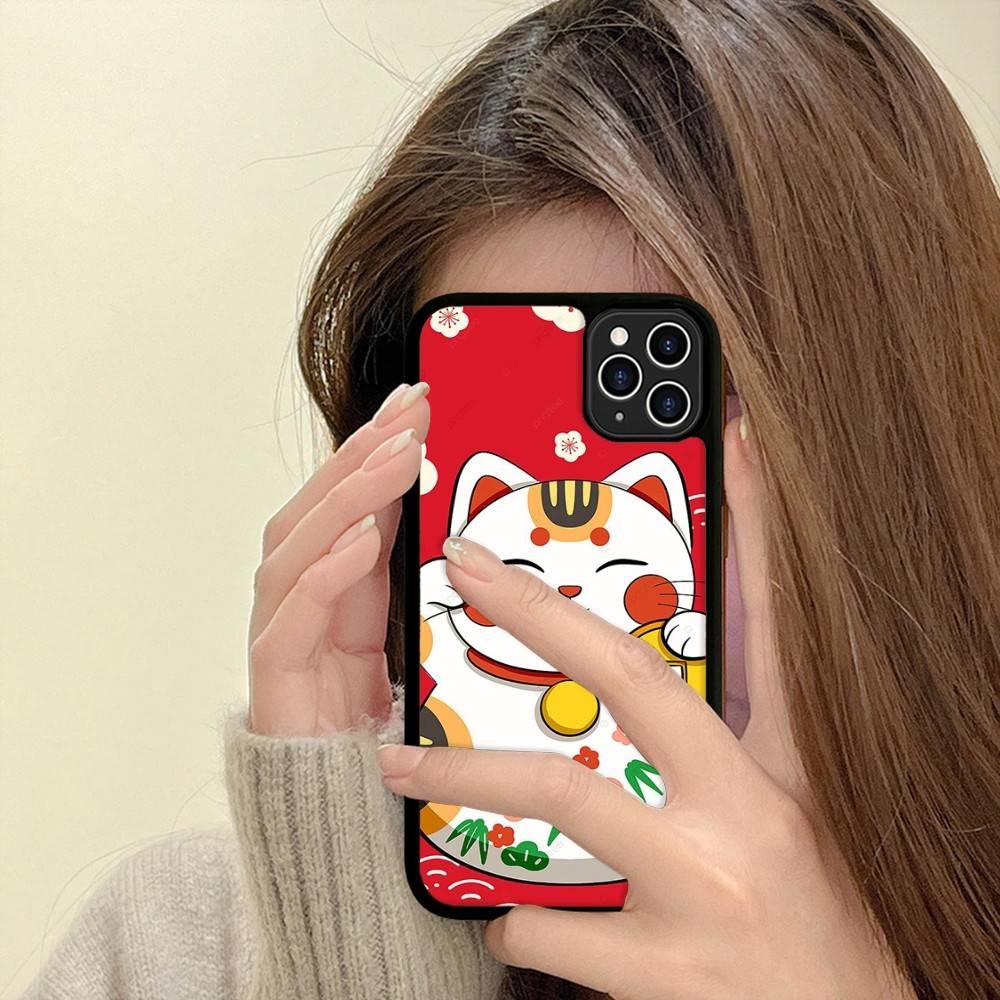 Maneki Neko Lucky Money Cat PC+TPU Phone Case For IPhone 11 12 13 14 15 16 17 Plus Pro Max Cover