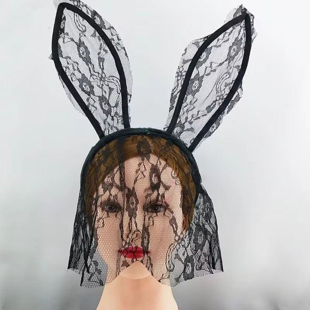 Spets Spets Ansiktsmask Ansiktsslöja Cosplay Hårband Elegant Kaninöron Hårband för Halloween