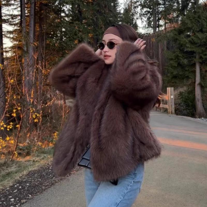 Imitation fur jacket temperament large lapel collar fox fur coat brown black tip versatile fur coat