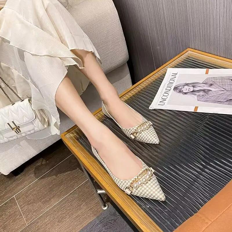 Fashion Office Pearl Chain Gingham Flat Pointed Toe Women's Shoes Ladies Footwear Flats Non Slip Korean Style Y2k Lastest on Spring Sale