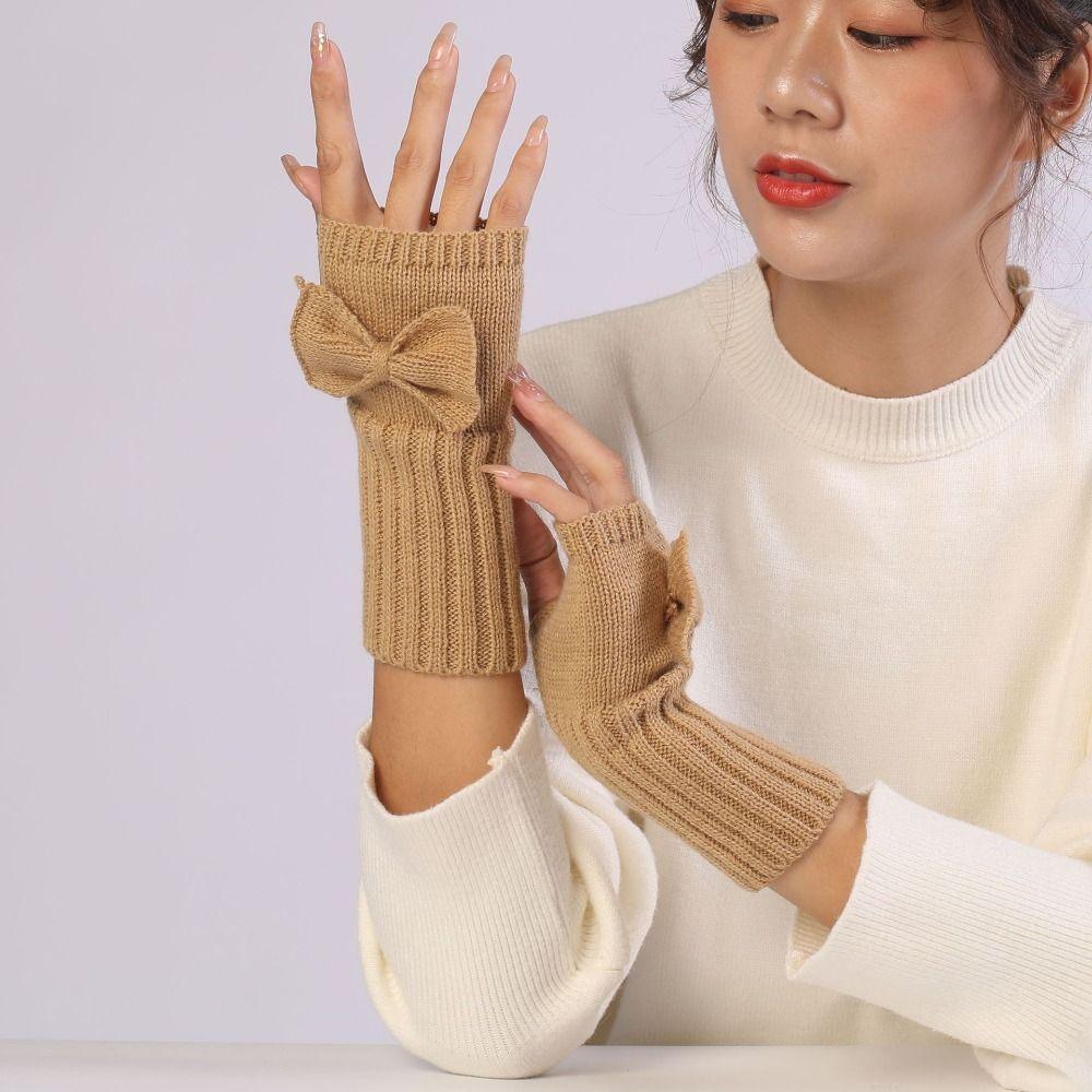 Thick Warm Bowknot Knitted Gloves Soft Half Finger Gloves Cute Arm Warmers  Women Girls