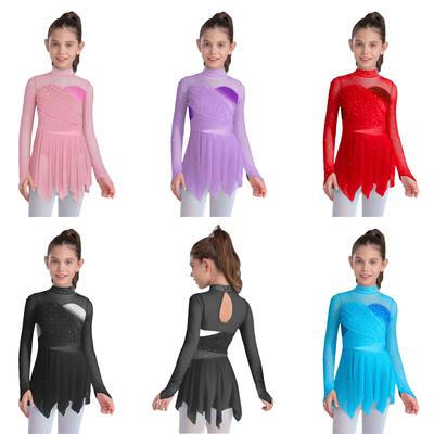 Kids Girls Lyrical Dance Figure Skating Costume Mock Neck Long Sleeves Sparkly Rhinestones Irregular Hem Ruched Mesh Dress Dancewear