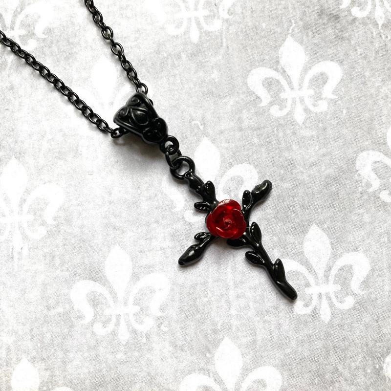 Black Rose Cross Necklace - Gothic Victorian Pendant