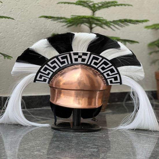 Handmade Bronze Spartan Helmet Greek Warrior Helmet with Black White Crest Cosplay Display Armor