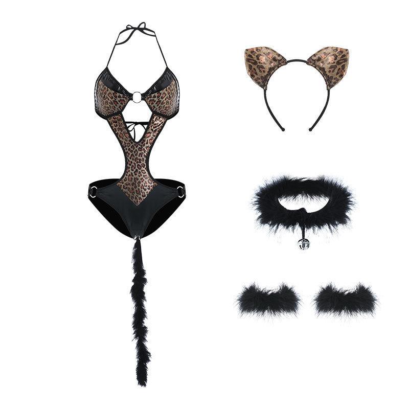 Melanie Leopard Pussy One-Piece Passion Three-Point Sex Underwear Hollow Cosplay Uniform Suit