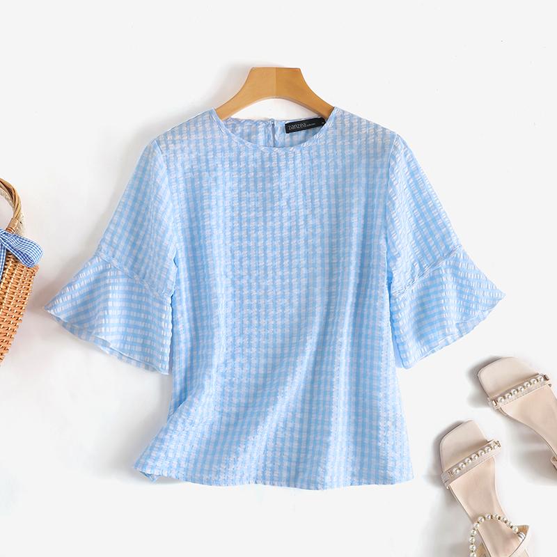 

ZANZEA Летняя повседневная блузка с круглым вырезом и половиной рукавов в клетку с принтом, топы