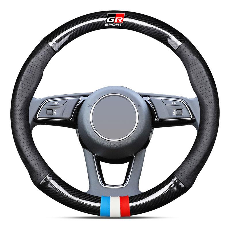 Leather Carbon Fiber Car Steering Wheel Cover Emblem Car Accessories For Toyota TRD Corolla Auris Yaris Rav4 CHR Camry40 prius