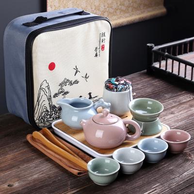 Juegos de té de cerámica Kungfu de China con tetera, 4 tazas, bandeja de bambú, bote y bolsa de viaje. Ideal para la oficina, el hogar y viajes.