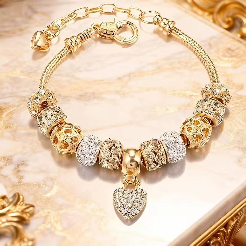 Popular Hot Sale Trendy Gift Women's DIY Alloy Big Hole Beaded Bracelet 18K Rose Gold Bangles Jewelry Handmade Bracelets
